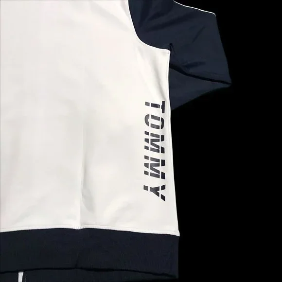Tommy Hilfiger Mens Full Zip Mock Neck Sweater Size L Tall White Navy Stretch Zip Up
